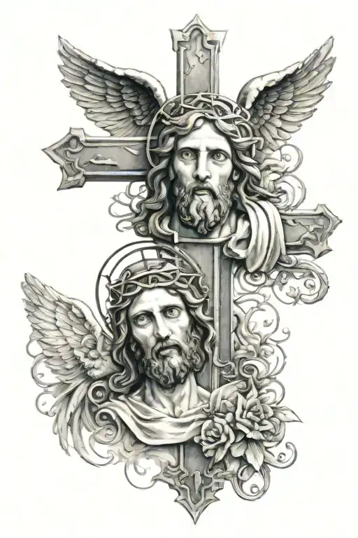cross with angel face on left and Jesus on the right tattoo design idea