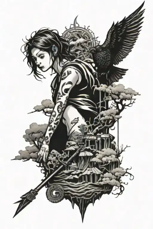 dark landscape background, barely legal teen posing tattoo design idea