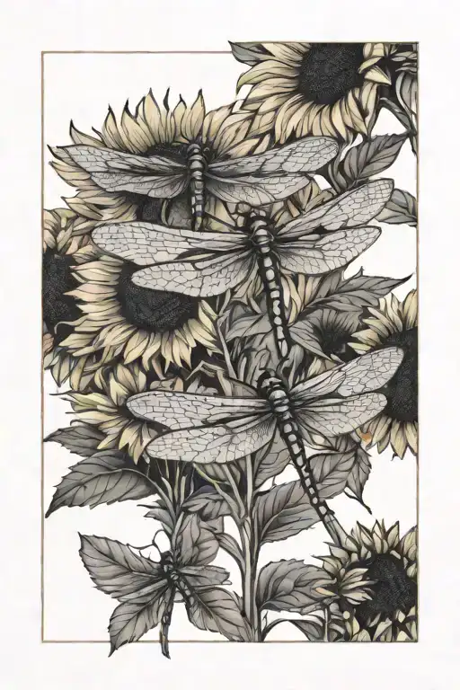 3 dragonfly landing on a sunflower tattoo design idea