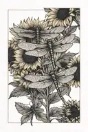 3 dragonfly landing on a sunflower tattoo design idea