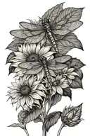3 dragonfly landing on a sunflower tattoo design idea