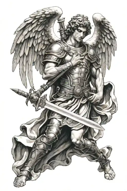 angel with a sword unther a roman date tattoo tattoo design idea