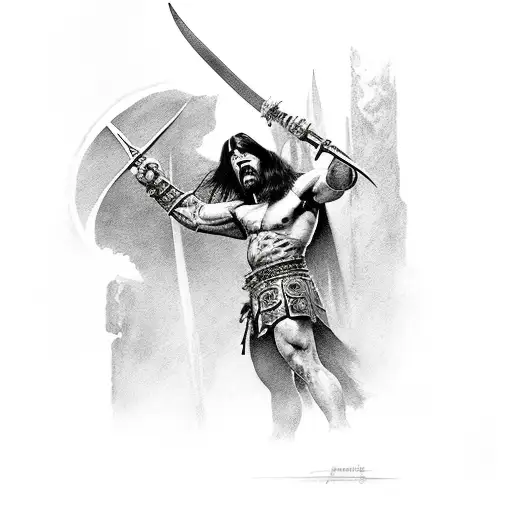Conan the Barbarian, Full body image, Sword in hands, Frank Frazetta tattoo design idea