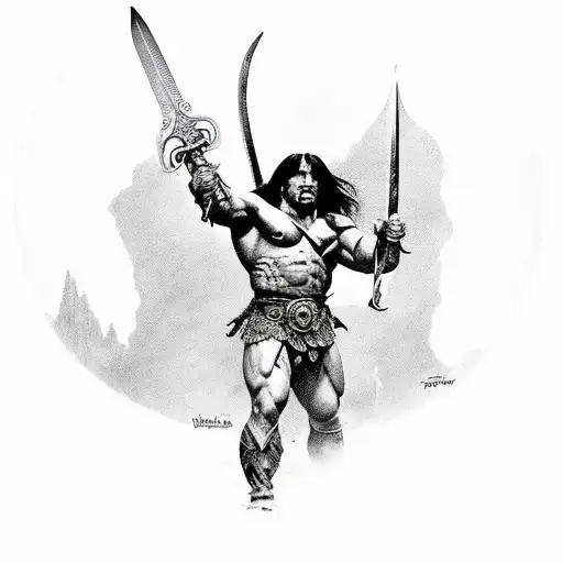 Conan the Barbarian, Full body image, holding a sword, in the style of Frank Frazetta tattoo design idea