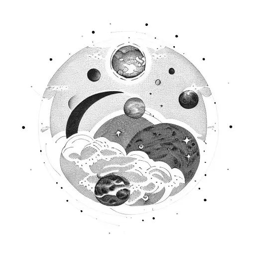 A celestial scene of the phases of the moon and planets in a blackwork style tattoo design idea