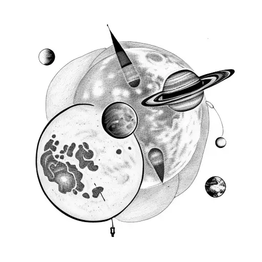 A black-grey tattoo of a cosmic sewing needle weaving through the phases of the moon and planets tattoo design idea