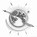 A black-grey tattoo of a cosmic sewing needle weaving through the phases of the moon and planets tattoo design idea