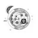 A black-grey tattoo of a cosmic sewing needle weaving through the phases of the moon and planets tattoo design idea
