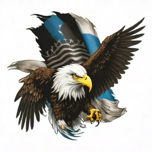 bald Eagle and thin blue line flag waving tattoo design idea