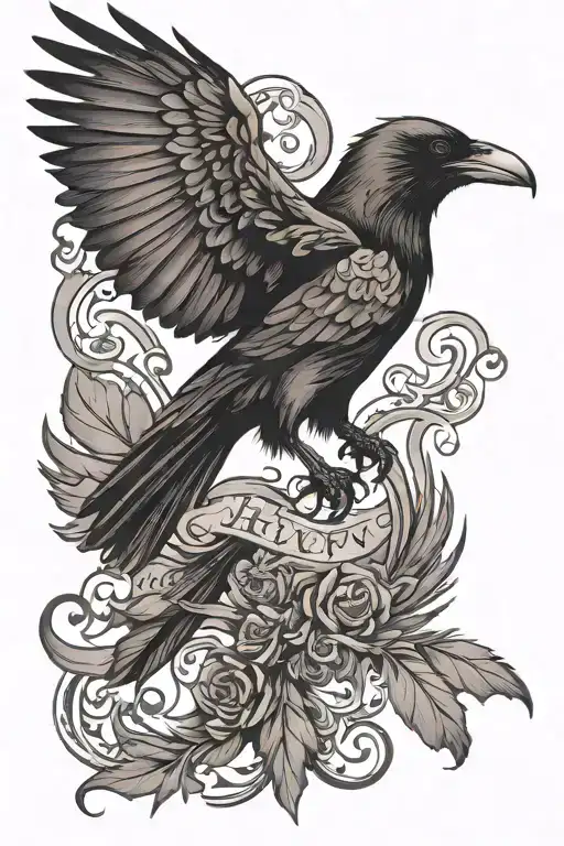 raven nevermore script with a raven flying tattoo design idea