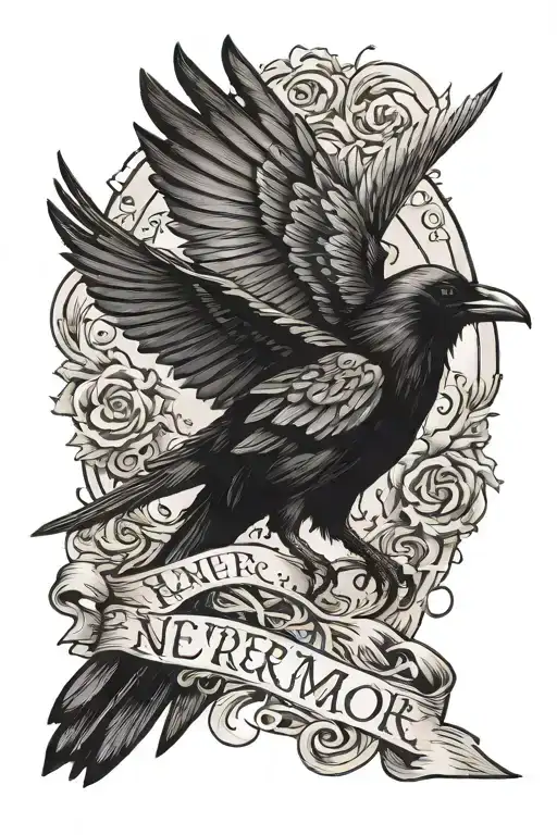 raven nevermore script with a raven flying tattoo design idea
