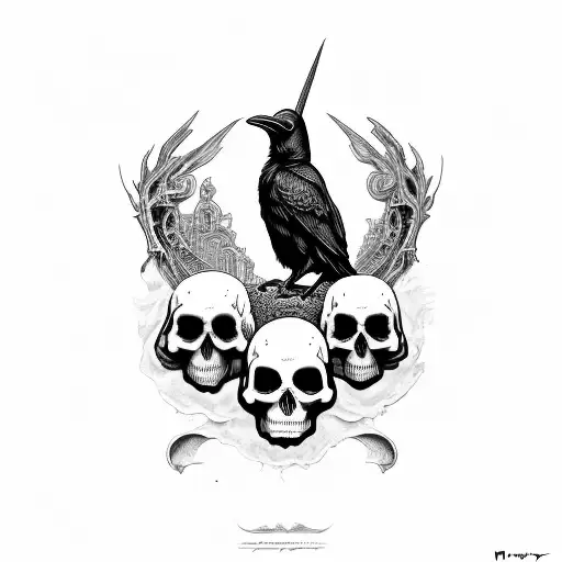 raven propped on skull by edgar allen poe tattoo design idea