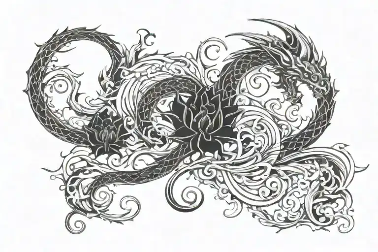dragon flowers waves tattoo design idea