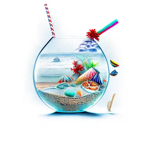 An intricate design of a cocktail glass with beach elements inside tattoo design idea