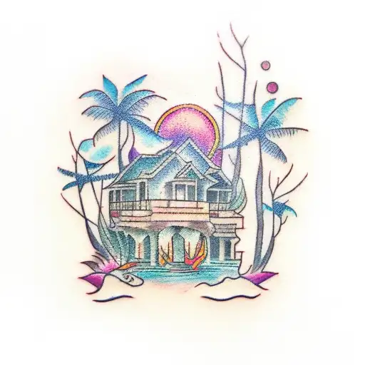 ocean villa, with tree branches  tattoo design idea