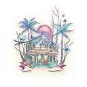 ocean villa, with tree branches  tattoo design idea