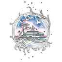 ocean villa, with tree branches  tattoo design idea