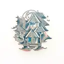 ocean villa, with tree branches  tattoo design idea