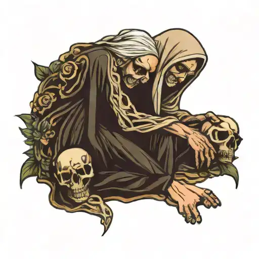 Tattoo of a kneeling woman hugging herself with a half-skull and half-human face, with a nun's habit on her face tattoo design idea