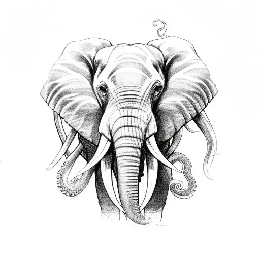 Sketch a majestic elephant with octopus tentacles as its trunk tattoo design idea