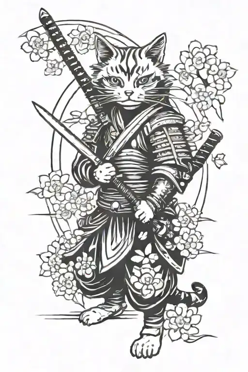 Samurai cat wielding a knife with sakura blossoms in the background tattoo design idea