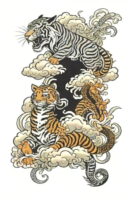 clouds , yakuza style , tiger and dragon , floral tattoo design idea