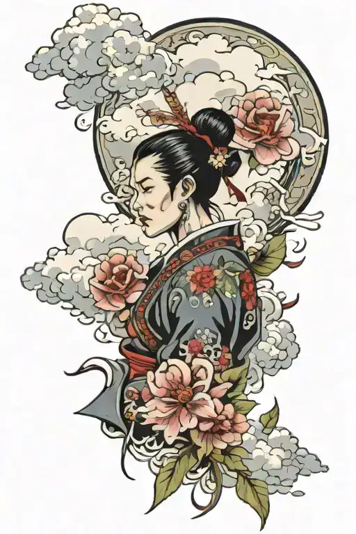 clouds , floral , warrior , yakuza , traditional , dead loved ones tattoo design idea