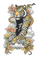 clouds , yakuza style , tiger and dragon , floral tattoo design idea