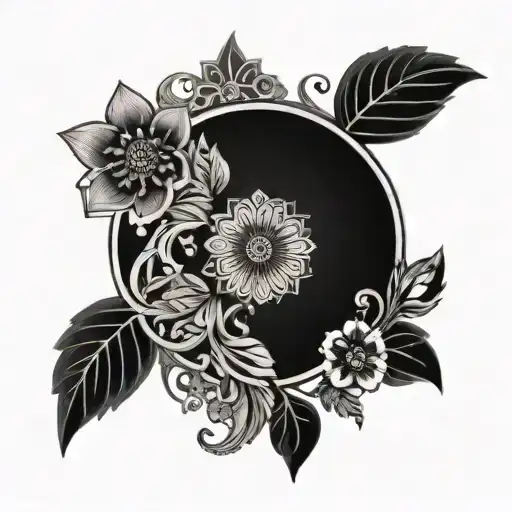 Design a tattoo of a diaphragm symbol intertwined with intricate Ukrainian floral patterns, symbolizing the harmony between volunteer work and cultural heritage tattoo design idea