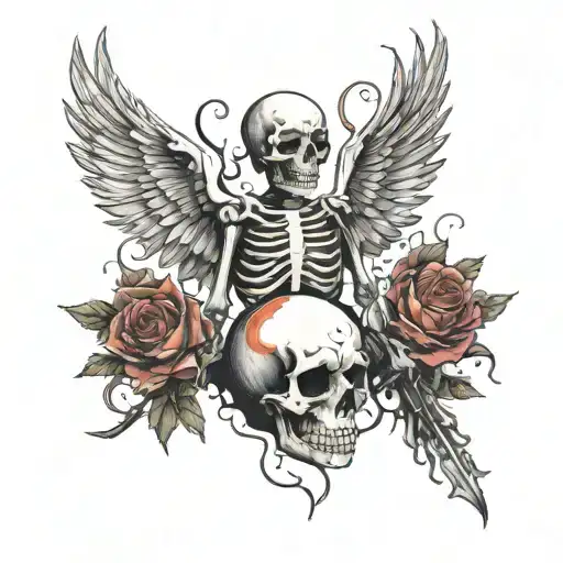 A fiery skeleton that wings, in one hand wine and in the other hand hearts tattoo design idea