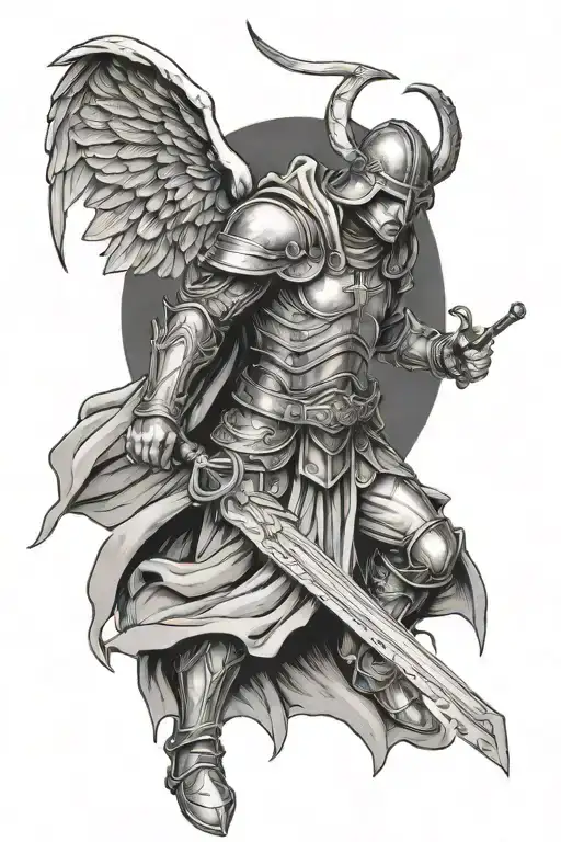mid evil crusader man angel tattoo design idea