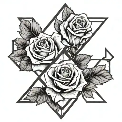 A geometric diamond shape intertwined with delicate roses tattoo design idea