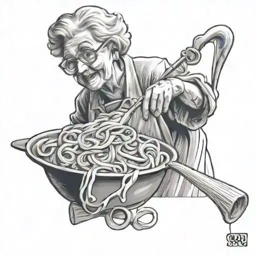 grandma rolling pasta tattoo design idea