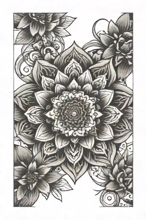 mandala, with flowers, geometric design drawing in vertical symmetry which covers my entire forearm tattoo design idea