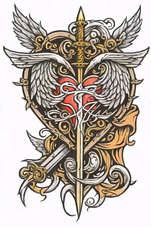 heart with wings pierced by sword tattoo design idea