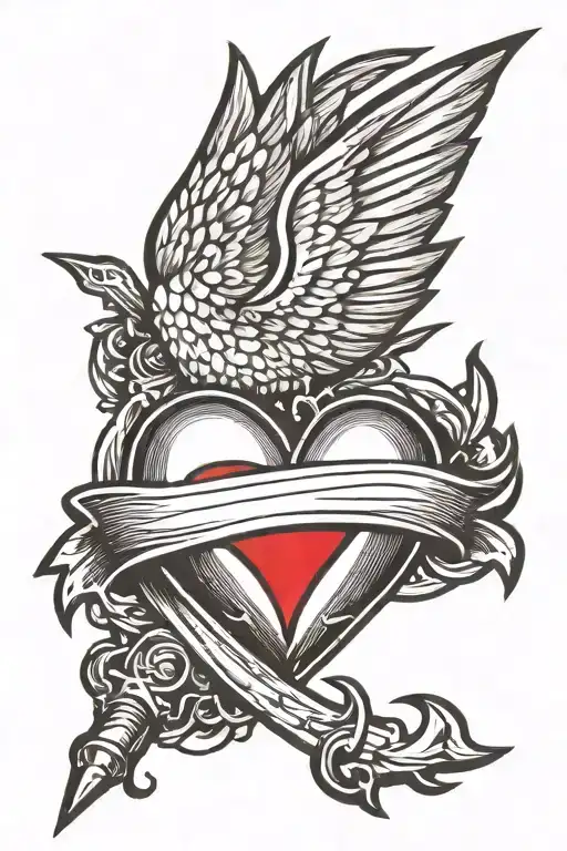 Heart with wings pierced with a dagger tattoo design idea