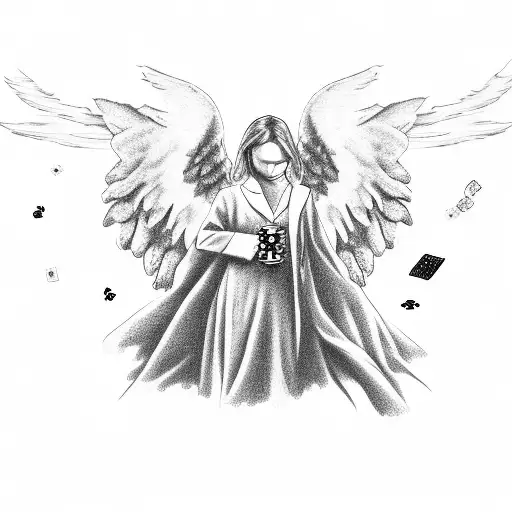Angel with money, casino chips and clouds  forearm tattoo design idea