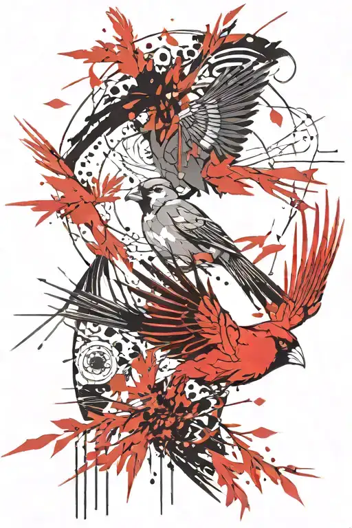 japanese textile pattern that fades with a bright red cardinal taking flight  tattoo design idea