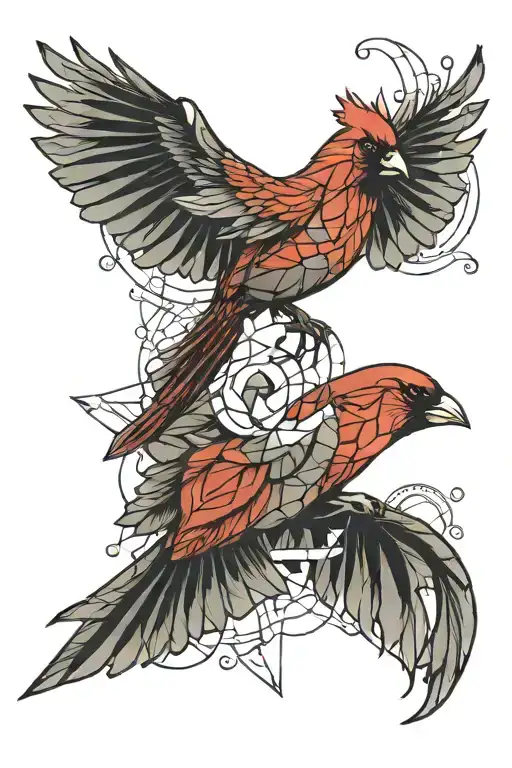 geomtetric pattern fading away with red cardinal above taking flight tattoo design idea