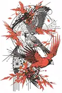 japanese textile pattern that fades with a bright red cardinal taking flight  tattoo design idea