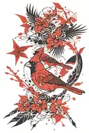 japanese textile pattern that fades with a bright red cardinal taking flight  tattoo design idea