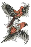 geomtetric pattern fading away with red cardinal above taking flight tattoo design idea