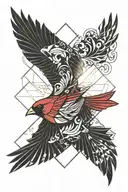 geomtetric pattern fading away with red cardinal above taking flight tattoo design idea