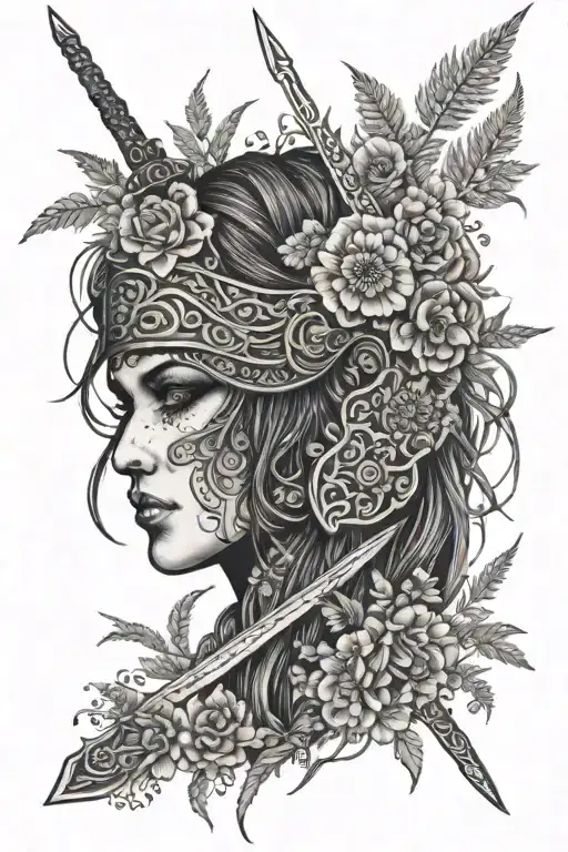 lady warrior face eye cover with flowers sword behing back in meadow and ferns background  tattoo design idea