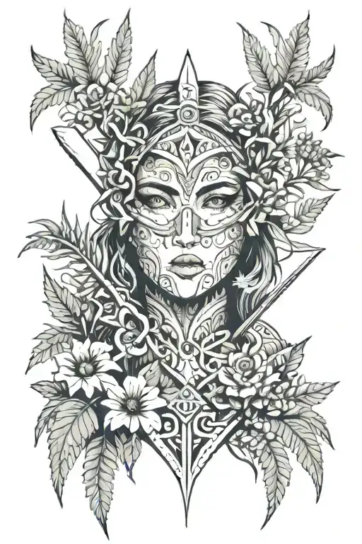 lady warrior face eye cover with flowers holding sword in meadow and ferns background  tattoo design idea