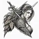 lady warrior portrait sword behing back in meadow and ferns  tattoo design idea