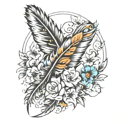 feather with flowers inside and birds coming out  tattoo design idea