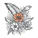 feather with flowers inside and birds coming out  tattoo design idea