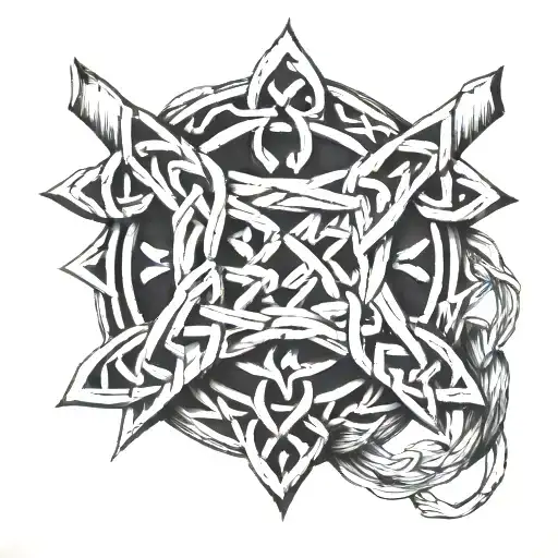 Celtic knot intertwined with crossed axes crossing over eachother tattoo design idea