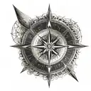 A compass pointing towards a full moon, with intricate geometric patterns surrounding it tattoo design idea